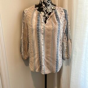 Tan and Blue Puff Sleeve Blouse with Mandarin Collar
